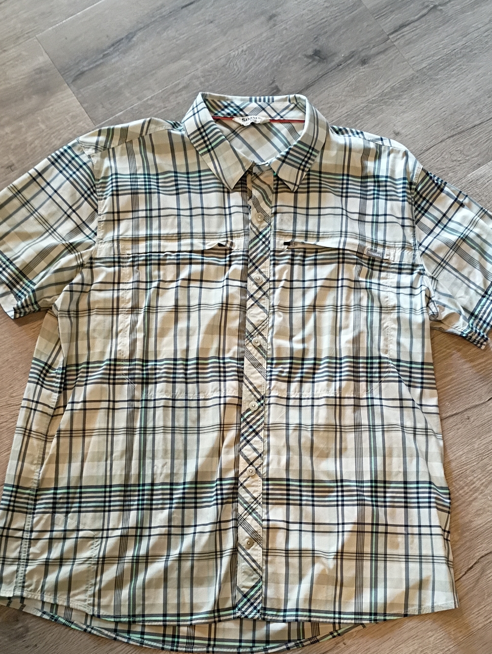 Simms-XL- Stone Cold Brr Tech Plaid Button Fishing Shirt Front Zip Pockets